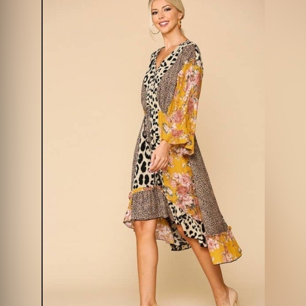 Gigio Animal and Floral Print High-Low Midi Dress S